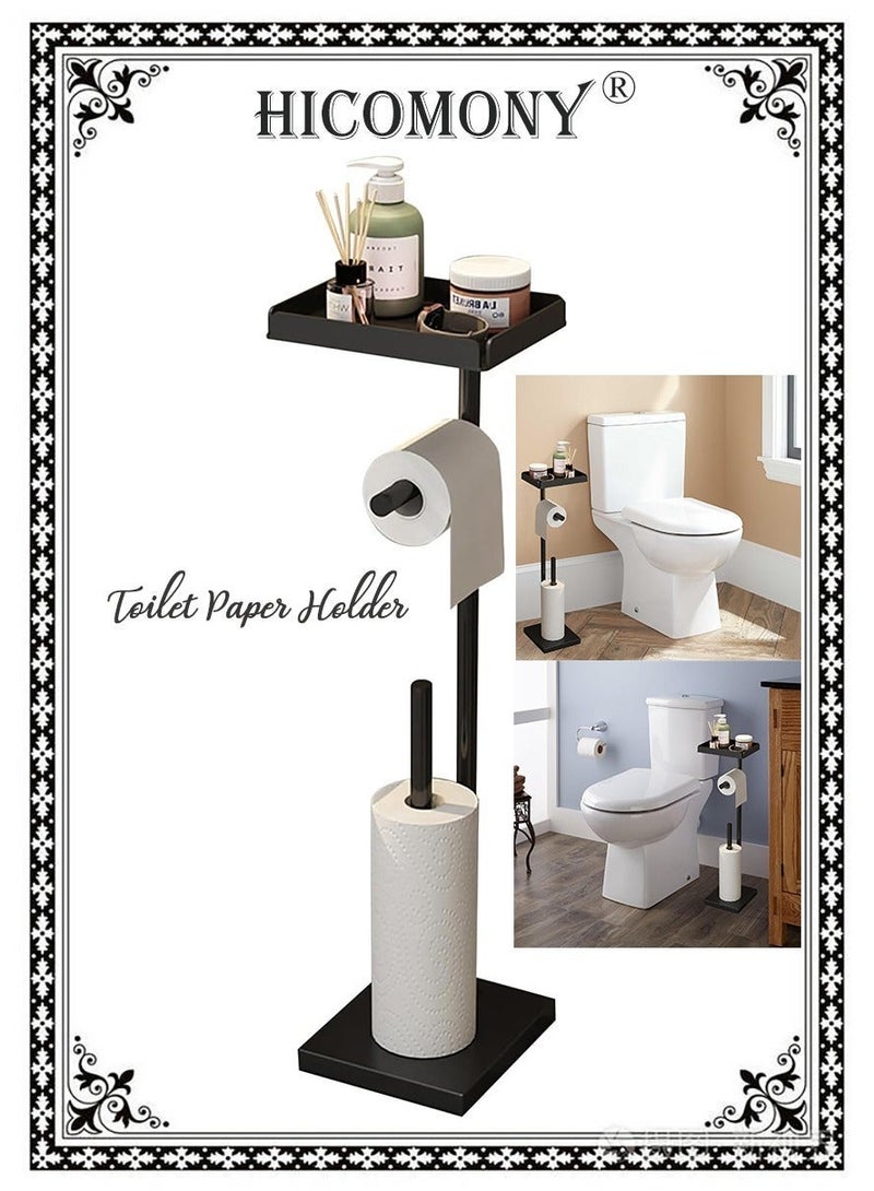 هيكوموني حامل ورق التواليت الأسود حامل تخزين ورق التواليت القائم بذاته مع رف أرضية الحمام حامل لفافة ورق التواليت حامل مناديل ورق التواليت - Image 2